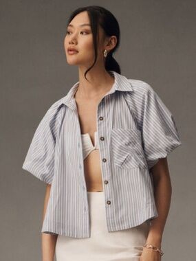 Maeve Zoey Bubble Sleeve Blue & White Striped Short-Sleeve Button Shirt